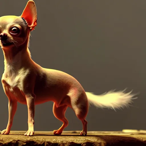 Prompt: an ascended chihuahua living in an extradimensional reality, in the style of wlop, illustration, epic, fantasy, hyper detailed, smooth, unreal engine, sharp focus, ray tracing, physically based rendering, renderman, beautiful