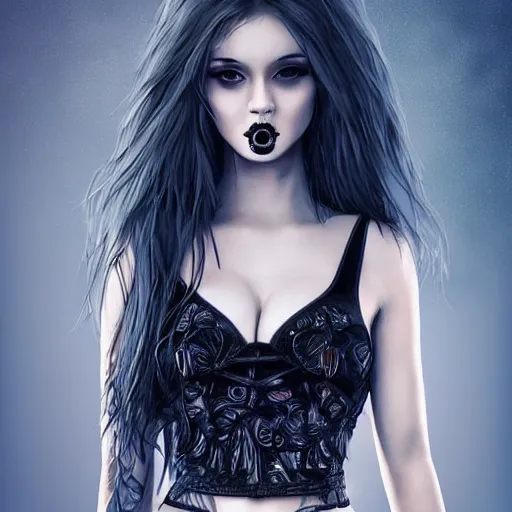 Prompt: kerli koiv model goth girl in mini skirt and crop top intricate, extremely detailed, photograph, photorealistic, 8 k sensual lighting, incredible art, artgerm, l