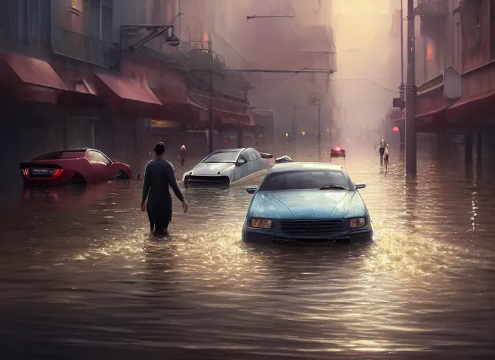 Image similar to cars driving through shallow water, flooded city, people walking through shallow water, muted colors, highly detailed, hyperrealistic, oil painting, intricate, cgsociety, artstation, 8 k, cinematic, soft lighting, by greg rutkowski, by wlop, by artgerm