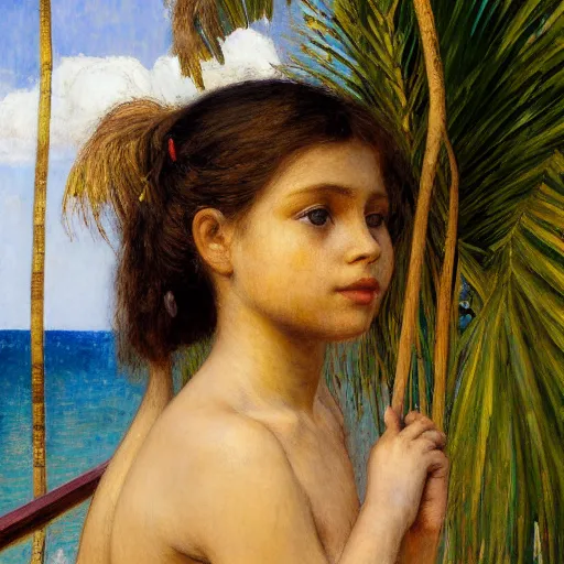 Image similar to a ultradetailed beautiful painting of a girl in the amazonas palace balustrade designed by jules bastien - lepage, tarsila do amaral, frank weston and gustave baumann, beach, trending on artstation, mediterranean, palm trees, hyper detailed face, sharp focus, soft light, 8 k 4 k