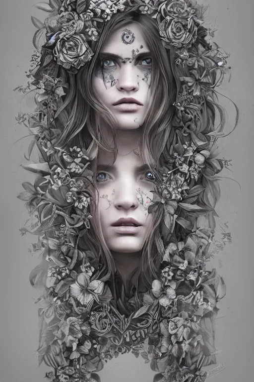 Image similar to a symmetrical portrait with esoteric symbols on the skin and flowers in the hair, intricate, hyperrealistic, concept art, digital art