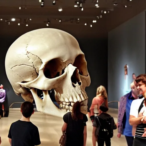 Image similar to Human skull in a museum with alien tourists looking at it, alien language, science fiction