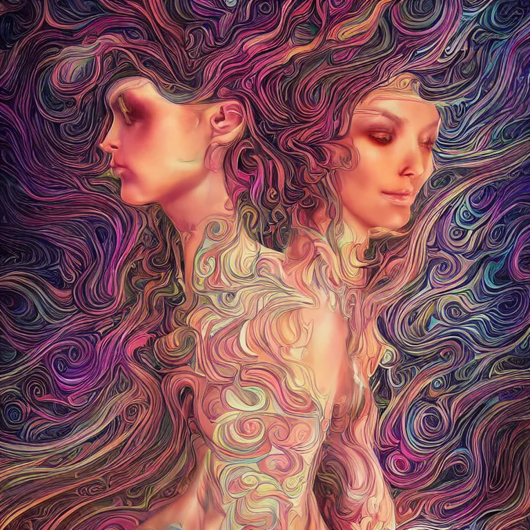 Image similar to portrait of a woman with swirling hair and fractal skin by killian eng, retrofuturism, psychedelic art reimagined by industrial light and magic