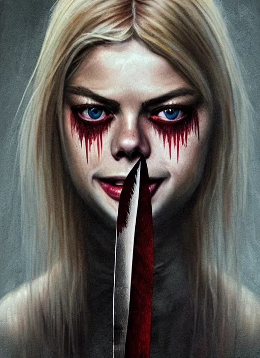 Prompt: gorgeous female Samara Weaving holding knife, horror movie slasher, full body with jeans and t shirt, realistic character concept, creepy evil smile, shorter neck, illustration, symmetrical face and body, realistic eyes, artstation, cinematic lighting, hyperdetailed, detailed realistic symmetrical eyes, face by artgerm, symmetrical nose, cgsociety, trees, forest, 8k, high resolution, Charlie Bowater, Tom Bagshaw, single face, insanely detailed and intricate, beautiful, elegant, vfx, postprocessing