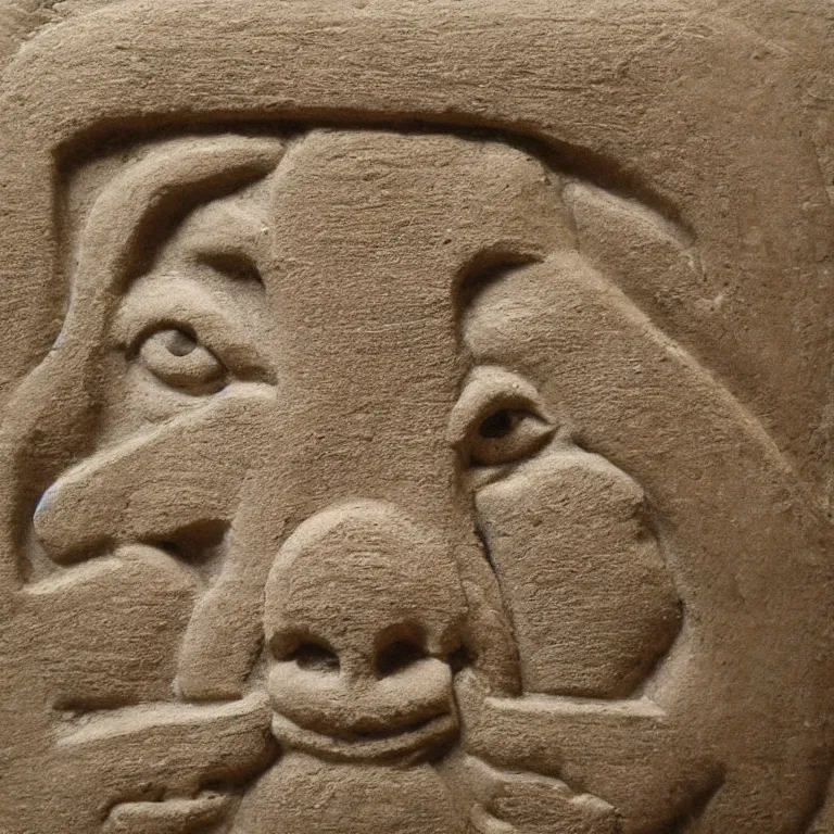 Image similar to ancient Babylonian stone bas relief of a shiba-inu's face