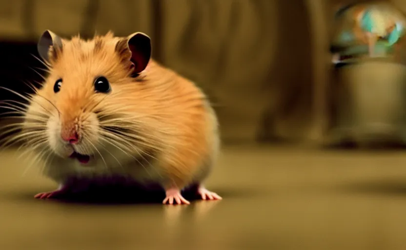 Prompt: hamster luke skywalker, movie still, star wars, cinematic, sharp focus, cinematic grain, cinematic lighting, 8 k