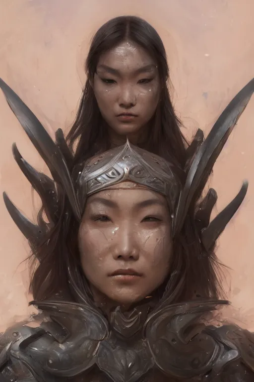 Image similar to Art station concept of Asian woman, fair skin, big eyes, long black hair, no bangs, wearing sculpted textured armor, closes her eye, battle damage, intricate complexity, close-up of the front of the face, resolute expression, back lighting, 4K resolution, symmetric, clear facial features, by Ruan Jia and Mandy Jurgens and William-Adolphe Bouguereau, Karol Bak, smooth, sharp focus, rich deep colors, Unreal Engine 5, digital render, intricate, ultra realistic, concept art,