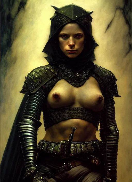 Image similar to female thief, leather armor, full body, hyper realistic, extremely detailed, dnd character art portrait, dark fantasy art, intricate fantasy painting, dramatic lighting, vivid colors, deviantart, artstation, by edgar maxence and caravaggio and michael whelan and delacroix.