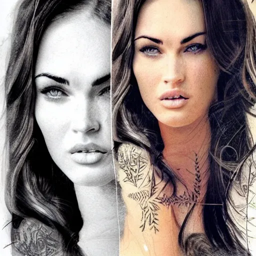 Image similar to tattoo design sketch megan fox face double exposure effect with beautiful mountain scenery, in the style of matteo pasqualin, amazing detail