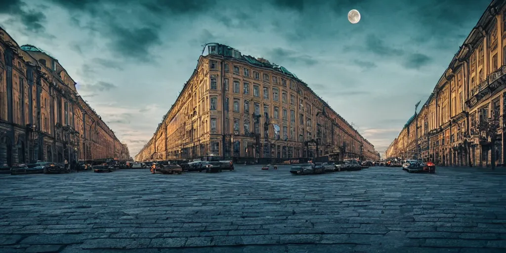 Image similar to cinematic street shot of a antigravity saint petersburg city in the moon, orbit city, telephoto, anamorphic cinematography, beautiful composition, color theory, leading lines, photorealistic, moody volumetric lighting