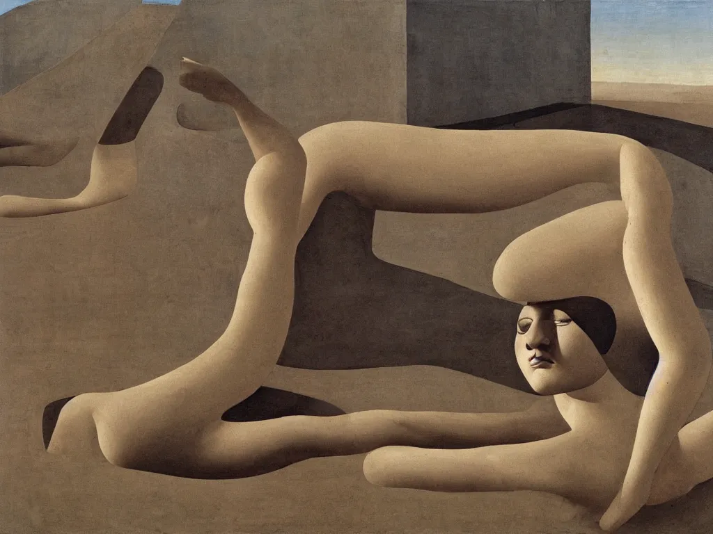 Image similar to Elongated woman sculpted by Henri Moore taking a bath in a river that crosses the streets of a deserted, brutalist city that now fills with dust, sand, smoke. Blighted thujas. Painting by Piero della Francesca, Morandi, Alex Colville