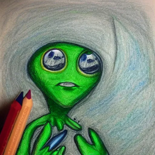 Prompt: crayola drawing of an alien showing it's fingers, green skin, big dark eyes, space suit, desert backround, detailed drawing,