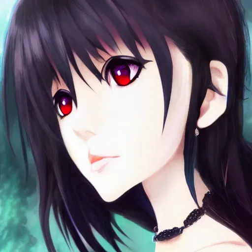 Image similar to headshot of a young gothic anime woman with black hair and golden highlights, wearing a black necklace and with pretty makeup, drawn by WLOP, by Avetetsuya Studios, anime drawing, trending on artstation