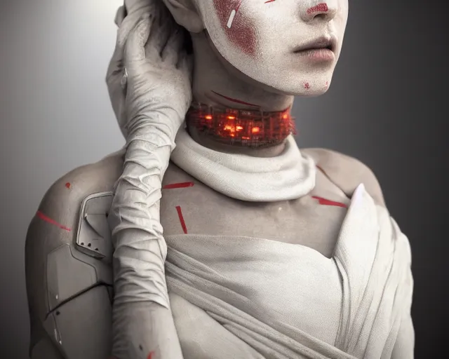 Prompt: a film still of a synthetic female human oracle wrapped in white cloth, beautiful, tribal facepaint, neotokyo, cinematic lighting, high resolution, 4 k