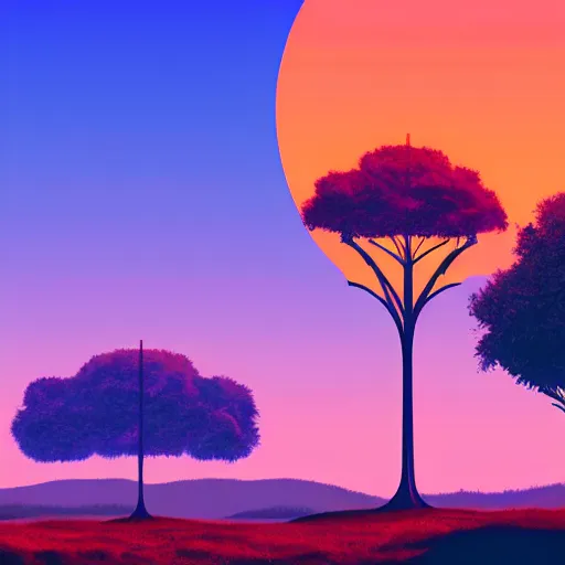 Image similar to synthwave, giant futuristic tree, sunset, sharp, 4k, 2D