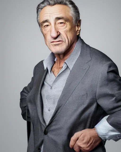 Prompt: Fully-clothed full-body portrait of Robert Deniro as business man, XF IQ4, 50mm, F1.4, studio lighting, professional, 8K