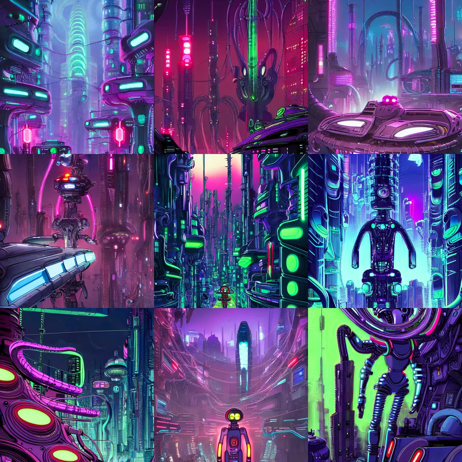 Prompt: bender from futurama inside an scifi tentacles wires futuristic city, beautiful neon cats, cinematic, highly detailed, photorealistic, rich bright colors, trending on artstation, by giger, by tsutomu nihei