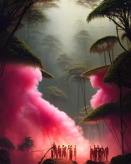 Prompt: a hyper - detailed 3 d render like an oil painting of tribe members in a tropical forest with pink smoke!!!!! surreal concept art, lifelike, photorealistic, digital painting, aesthetic, smooth, sharp focus, artstation hd, by greg rutkowski, bruce pennington, valentina remenar, rhads, asher duran,