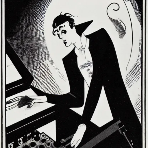 Prompt: the somnambulist from the cabinet of dr. caligari playing a emerson moog modular synthesizer, style of aubrey beardsley n - 3