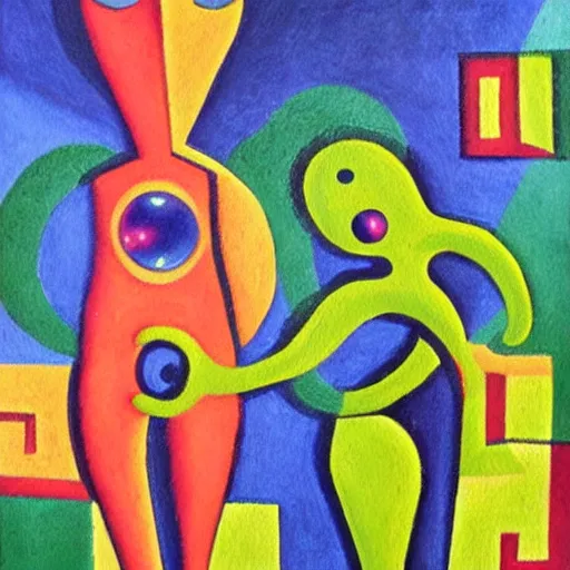 Prompt: painting of two aliens in love, in the style of Jean Metzinger