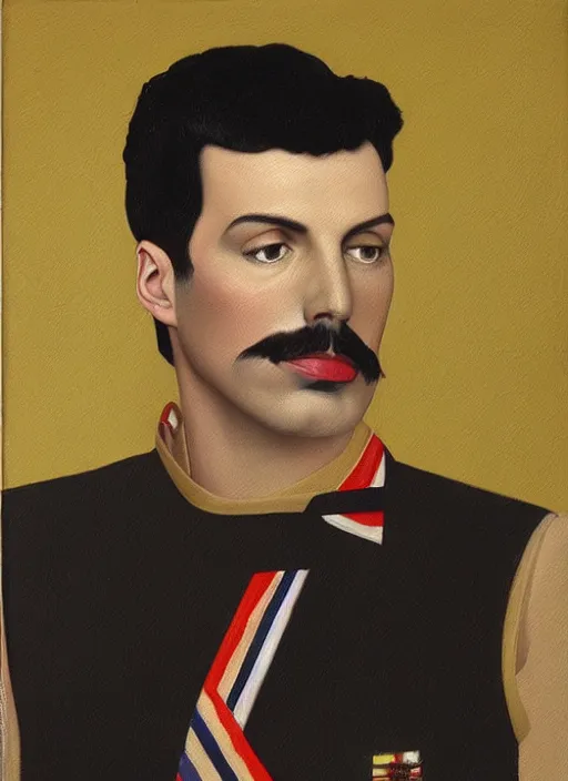 Image similar to a portrait painting of Freddie Mercury by John Currin