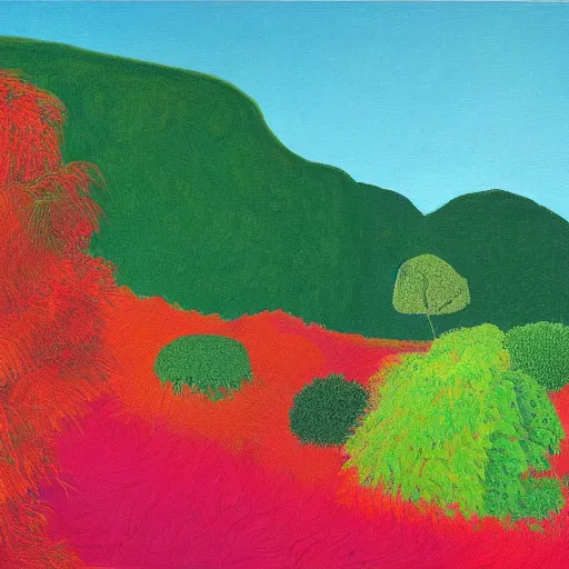 Image similar to painting of a lush natural scene on an alien planet by david hockney. beautiful landscape. weird vegetation. cliffs and water.