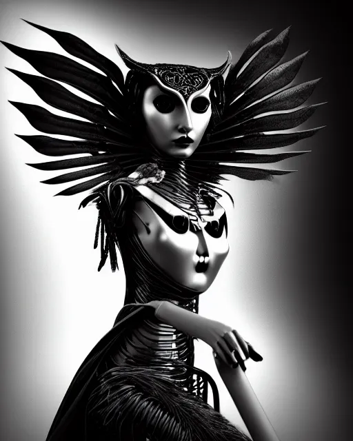 Image similar to surreal mythical dreamy dark artistic black and white fine art 3 / 4 fashion portrait photo of a young beautiful delicate female robot - witch - owl with orchid - doll face, rim light, cinematic, studio dramatic light, poetic, masterpiece, octane render, 8 k, photo - realistic by gustave dore hg giger