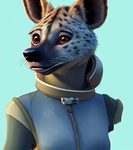 Image similar to digital detailed portrait of anthromorphic female hyena, in style of zootopia, fursona, furry, furaffinity, 4 k, deviantart, wearing astronaut outfit, in style of disney zootopia, floating in space, space background, hyena fursona, cyberpunk, female, detailed face, style of artgerm,