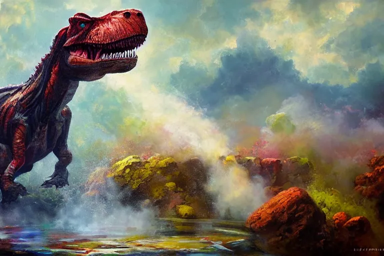 Image similar to highly detailed oil painting of a tyrannosaurus rex in a steaming colorful hotspring, featured on artstation