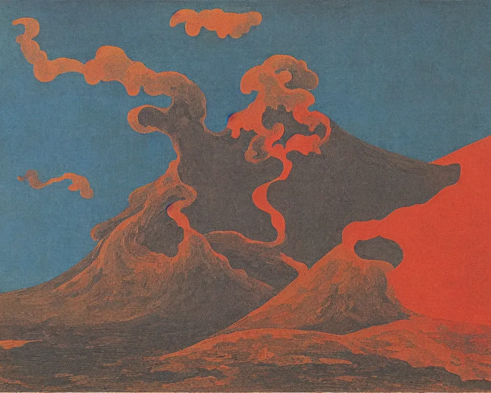 Prompt: an abstract, geometric, and flat scene of an erupting volcano. intricate, vibrant, Raphael, Hasui Kwase, Rene Margritte, John Martin.