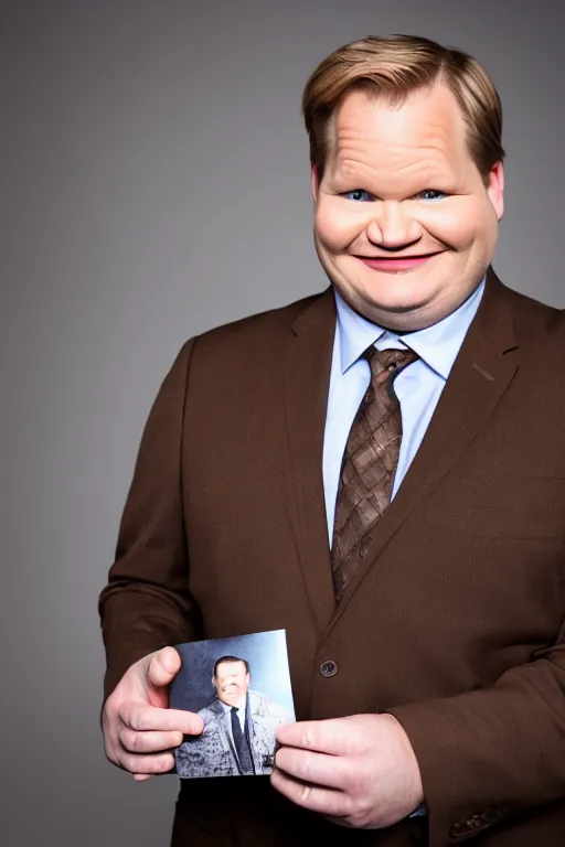 Prompt: full body shot, andy richter wearing a brown suit and necktie and black work boots, ultra hd photo, 3 5 mm close up, fish eye, realistic, smiling, holding a postcard from chicago,