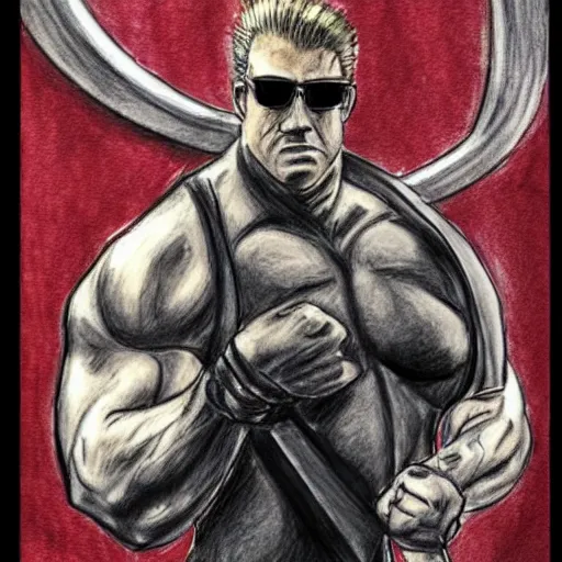 Prompt: courtroom sketch of duke nukem flexing, courtroom sketch, duke nukem