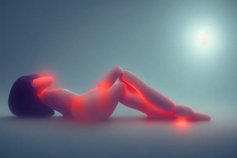 Image similar to a cute robot girl sitting on a cloud relaxing, misty, digital art, hazy, foggy, red lighting, ambient lighting, 8 k,