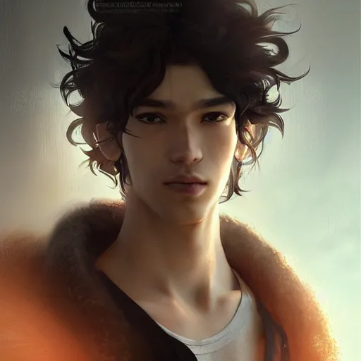 Prompt: Portrait of man with Tousled Curls type hair and Indonesian-type skin, atmospheric lighting, intricate detail, cgsociety, ambient light, dynamic lighting, anime style by Yusuke Kozaki