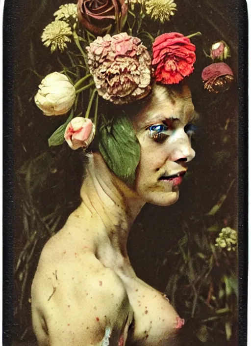 Prompt: beautiful and detailed rotten woman made of plants and many types of stylized flowers like carnation, chrysanthemum, roses and tulips, rococo ornamentation, intricate, surreal, john constable, guy denning, gustave courbet, caravaggio, romero ressendi 1 9 1 0 polaroid photo