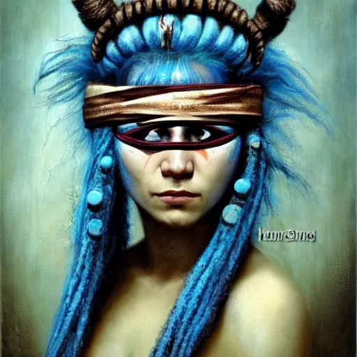 A young blindfolded shaman woman with a decorated, Stable Diffusion