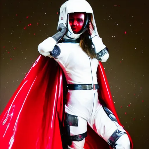 Image similar to a young female space cadet wearing blood-spattered glossy sleek white dinged scuffed armor and a long torn red cape, jungle at night, heroic posture, determined expression, elegant, battle weary, no helmet, rain, dramatic lighting, cinematic, sci-fi, hyperrealistic, detailed