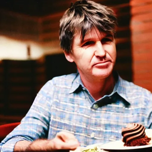 Prompt: A photograph of Neil Finn sitting at a table and crying because he was told he couldn't have another piece of chocolate cake, 1991