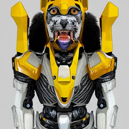 Image similar to humanoid with tiger-like features in futuristic space armor with force fields, yellow eyes, teeth that protrude past the lower lip and fine grayish fur on their faces and backs of their hands and carrying weapons, octane,