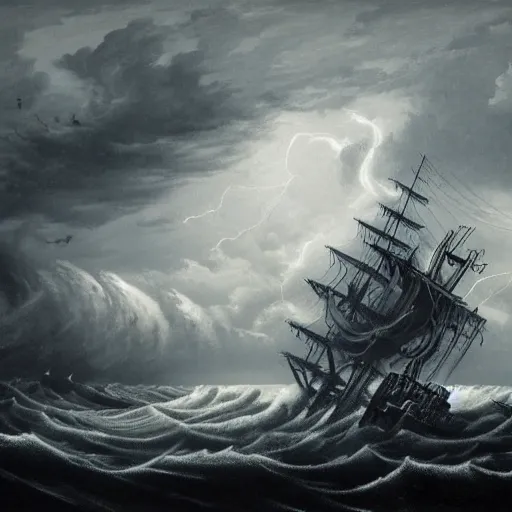 Prompt: a highly detailed scene of a ship being attacked by giant squid tentacles, dark, voluminous clouds, thunder, stormy seas, pirate ship, dark, high contrast