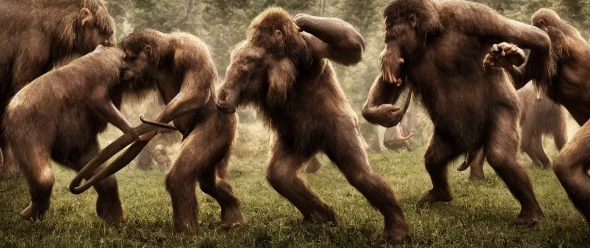 Image similar to 1 5 0 neanderthal people fighting againts one mammoth, perfect dynamic posture, perfect dynamic environment, perfect dynamic body form, perfect dynamic pose, trending pinterest, perfect dynamic position, award winning photo by national geographic, and pulittzer winner, realistic, bokeh, reduce duplication interference