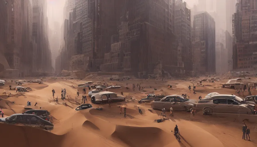 Image similar to new york city under tons of sans, sand dunes, people walking, heat wave, hyperdetailed, artstation, cgsociety, 8 k