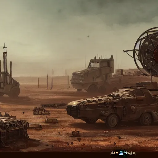 Image similar to film still of a barren wasteland filled with old killing machines, by rupam raaj r., trending on artstation