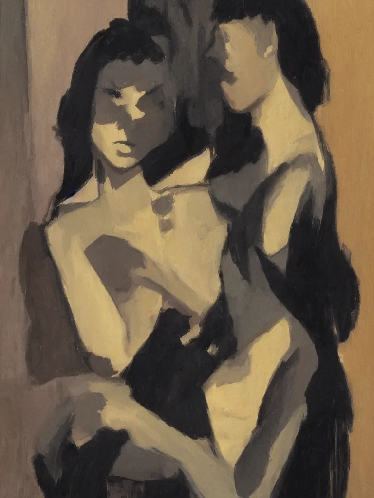 Image similar to portrait profile of one mysterious dark beautiful women in 1 9 7 8, oil painting by john watkiss