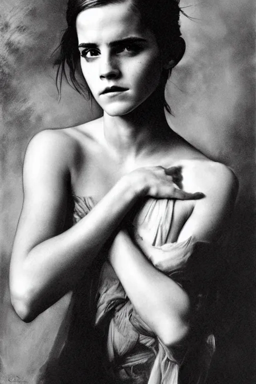 Image similar to emma watson frowning detailed portrait painting by gaston bussiere craig mullins j. c. leyendecker photograph by richard avedon peter lindbergh annie leibovitz