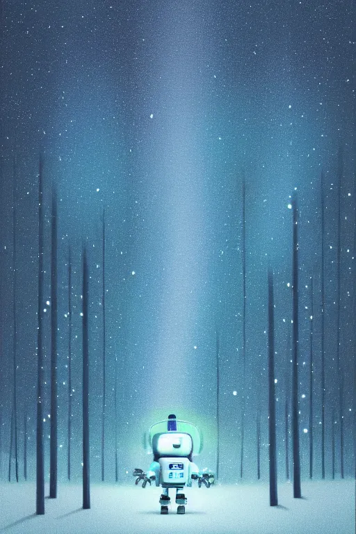 Image similar to A retro glossy white robot stands in the middle of a forest in the centre of the frame. softly glowing blue trees at night. The sky above has many stars and a beautiful blue aurora. Comet in the middle of the sky. The ground is icy and it is snowing. Cyril Roland naomi okubo. Trending on artstation. Digital painting.