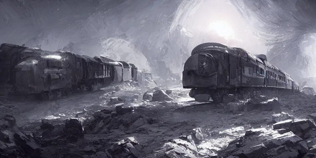 Image similar to ultra realistic illustration, an outdoor on the moon with an old broken train, lunar landscape, elegant, highly detailed, artstation, concept art, smooth, sharp focus, moody, dramatic lighting, art by wadim kashin