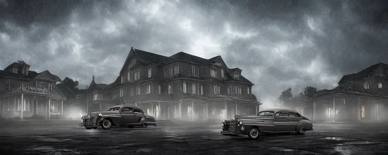 Prompt: Lovecraft Country, ultra detailed haunted house, ultra detailed storm clouds, establishing atmospheric shot, octane renderer, F11 aperture, night, volumetric fog, lighting and thunder, stormy weather, ultra detailed rain drops, reflections, film grain, single ultra detailed grey 1948 Packard Station Sedan parked in the street,