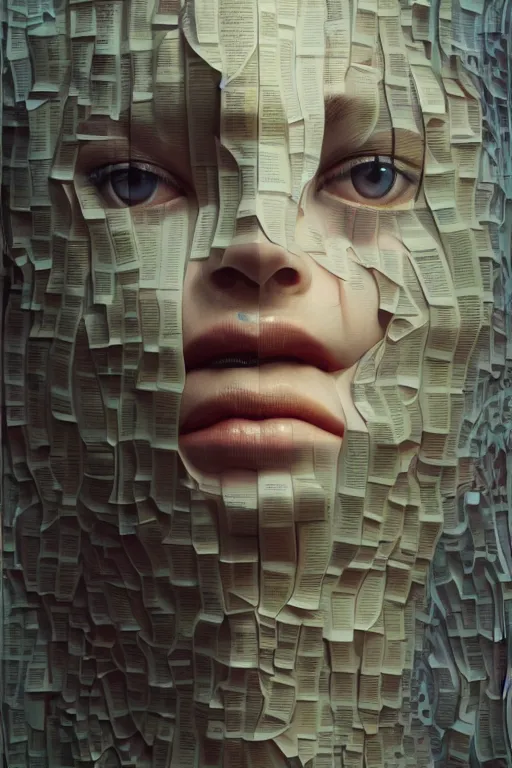 Prompt: 3 d, close - up, happy fashion model looking up, newspaper, tears, poster art, intricate oil painting, high detail, figurative art, multiple exposure, poster art, 3 d, by stanley kubrick and tooth wu and wlop and beeple