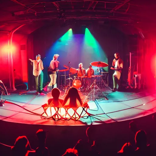 Image similar to 6 people sitting in circle, a fire in the middle in the floor of a small stage of a band, drummer is there behind them. red neon lights good mood, nice ambience singing